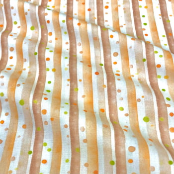 Tecido Tricoline Digital Listras e Bolinhas Bege e Laranja