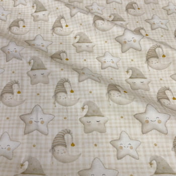 Tecido Tricoline Digital Lua e Estrelas de Pijama Bege Cinza (Bed Time)