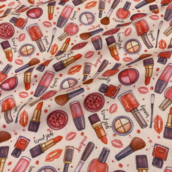 Tecido Tricoline Digital Maquiagens Diversas Fundo Rosa