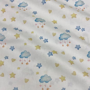 Tecido Tricoline Digital Nuvens Estrelas e Coracoes Baby Fundo Branco 