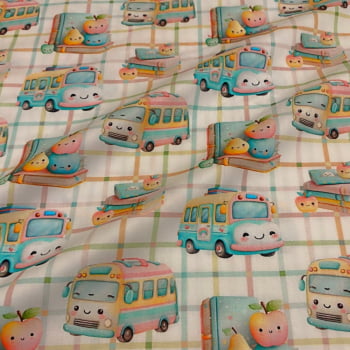 Tecido Tricoline Digital Ônibus Coleção Volta às Aulas 