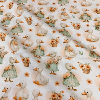 Tecido Tricoline Digital Patos Patinhos de Vestidos - Coleção Cute Orange