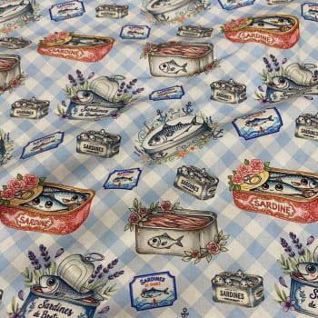 Tecido Tricoline Digital Sardinha no Xadrez Coleção Sardinhas