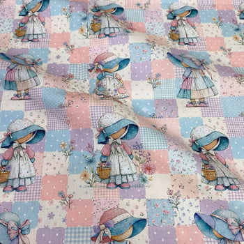 Tecido Tricoline Digital Sunbonnet Pastel Meninas e Flores Fundo Patchwork