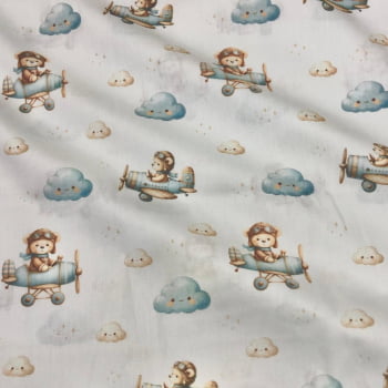 Tecido Tricoline Digital Ursinhos de Avião e Nuvens Baby Fundo Branco