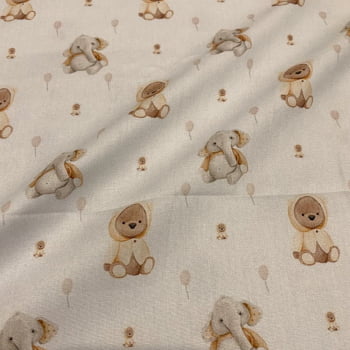 Tecido Tricoline Digital Ursinhos e Elefantes Fofos Coleção Dupla Fofura