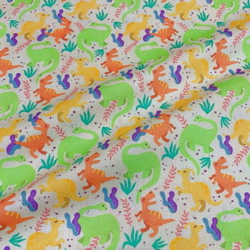 Tecido Tricoline Dinossauros Coloridos Fundo Branco