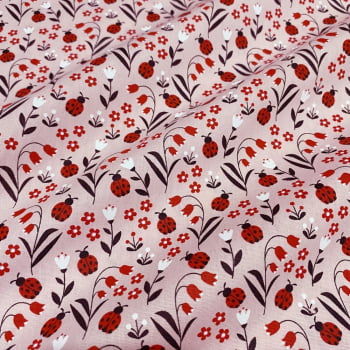 Tecido Tricoline Joaninhas e Flores Fundo Rosa Nude
