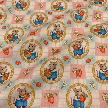 Tecido Tricoline Mini Ratinhos Morangos e Flores Fundo Xadrez