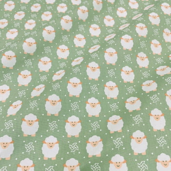 Tecido Tricoline Ovelhas e Cata-ventos Fundo Verde Menta