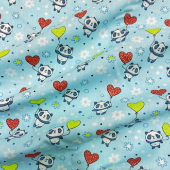 Tecido Tricoline Panda Azul Corações (Pandinhas)