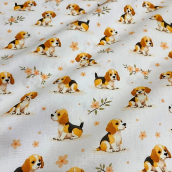 Tecido Tricoline Pets Cachorrinhos Beagle Fundo Branco