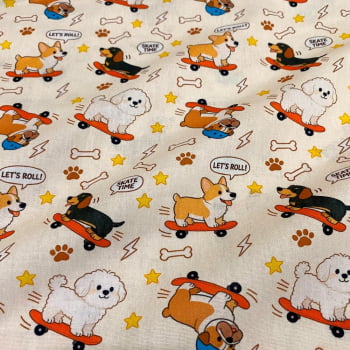 Tecido Tricoline Pets Cachorrinhos Skatistas Cachorro de Skate