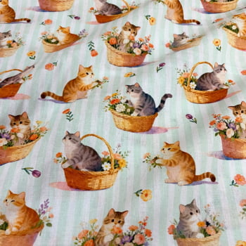 Tecido Tricoline Pets Gatos Gatinhos Cestas de Flores Tecido Tricoline Pets Gatos Gatinhos Cestas de Flores