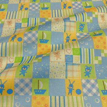 Tecido Tricoline Quadradinho Infantil Azul e Verde