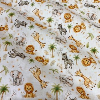 Tecido Tricoline Safari Leão Girafa Elefante Zebra Fundo Branco Tecido Tricoline Safari Leão Girafa Elefante Zebra Fundo Branco