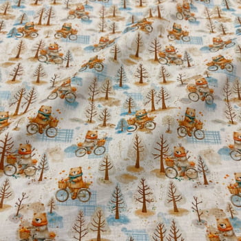 Tecido Tricoline Ursinhos Passeando de Bicicleta na Floresta Azul e Marrom