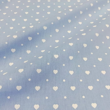 Tecido Tricoline Corações Branco Fundo Azul Bebe