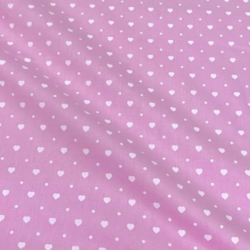 Tecido Tricoline Corações Branco Fundo Rosa Bebe 