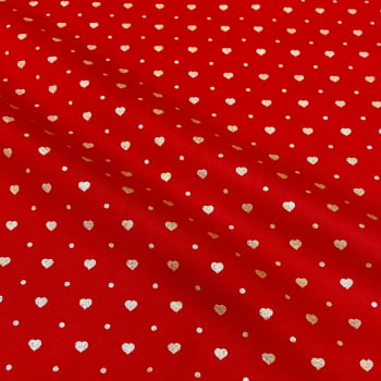 Tecido Tricoline Corações Dourado Fundo Vermelho