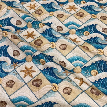 Tecido Tricoline Digital Ondas do Mar e Conchas Azul e Bege (Patch Oceano) Tecido Tricoline Digital Ondas do Mar e Conchas Azul e Bege (Patch Oceano)