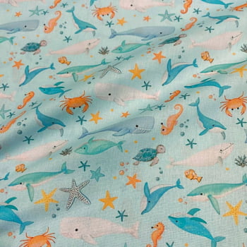 Tecido Tricoline Fundo do Mar Fofo Laranja e Azul Tecido Tricoline Fundo do Mar Fofo Laranja e Azul