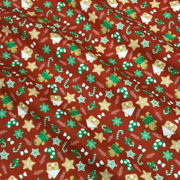 Tecido Tricoline Biscoitos de Natal e Artigos Natalinos Fundo Vermelho 