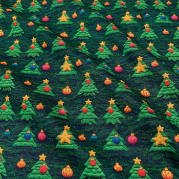 Tecido Tricoline Digital 3D Arvores de Natal Fundo Folhas Verde