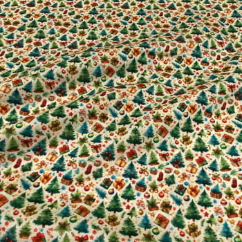 Tecido Tricoline Digital Artigos Natalinos Fundo Cru