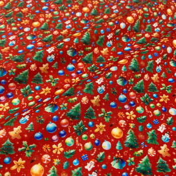 Tecido Tricoline Digital Artigos Natalinos Fundo Vermelho