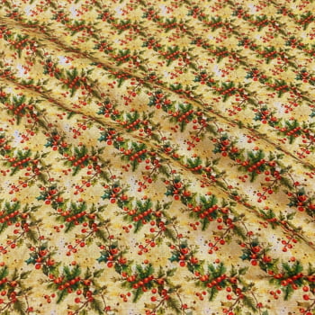 Tecido Tricoline Digital Azevinhos de Natal  Fundo Cru 