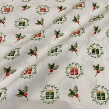 Tecido Tricoline Digital Azevinhos e Presentes Natal dos Sonhos 