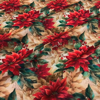 Tecido Tricoline Digital Floral Grande Pico de Papagaio Fundo Bege Natal Tecido Tricoline Digital Floral Grande Pico de Papagaio Fundo Bege Natal