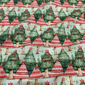 Tecido Tricoline Digital Floresta Arvores de Natal Vermelho Verde