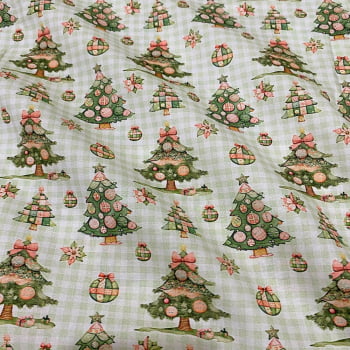 Tecido Tricoline Digital Natal Arvores Decoração Rosa e Verde Fundo Xadrez
