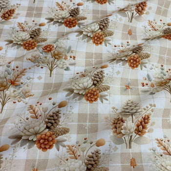 Tecido Tricoline Digital Natal Boho Neutro Pinhas e Flores Tecido Tricoline Digital Natal Boho Neutro Pinhas e Flores