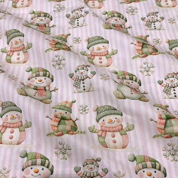 Tecido Tricoline Digital Natal Boneco de Neve Verde Rosa Fundo Listras