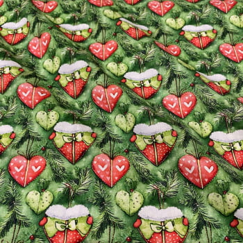 Tecido Tricoline Digital Natal Corações Enfeites Vermelho e Verde Fundo Folhas