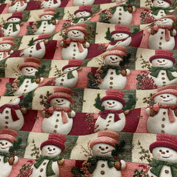 Tecido Tricoline Digital Natal Encantado Boneco de Neve Rosa Escuro e Verde Musgo