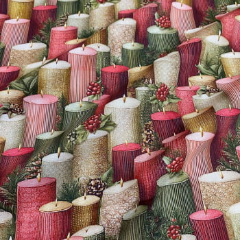 Tecido Tricoline Digital Natal Encantado Velas Elegantes Rosa Escuro e Verde Musgo