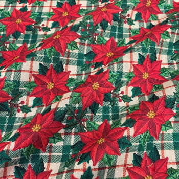 Tecido Tricoline Digital Natal Floral Bico de Papagaio Bordado 3D Fundo Xadrez