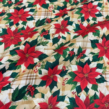 Tecido Tricoline Digital Natal Floral Bico de Papagaio Fundo Xadrez Bege