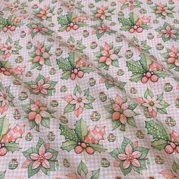 Tecido Tricoline Digital Natal Floral Bico de Papagaio e Azevinhos Rosa Verde Funco Xadrez