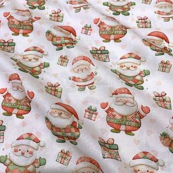 Tecido Tricoline Digital Natal Papai Noel Vermelho Rosa Verde