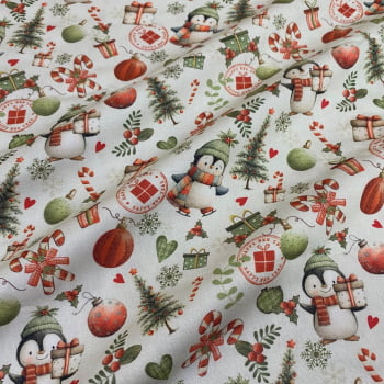 Tecido Tricoline Digital Natal Pinguim e Itens Natalinos