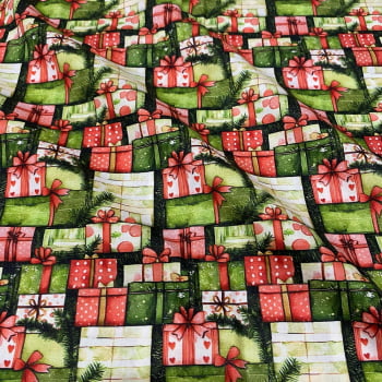 Tecido Tricoline Digital Natal Presentes Vermelho Verde