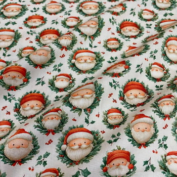 Tecido Tricoline Digital Natal Retro Guirlandas de Papai Noel Tecido Tricoline Digital Natal Retro Guirlandas de Papai Noel