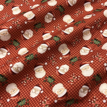 Tecido Tricoline Digital Natal Rostos Papai Noel e Presentes Fundo Vermelho (Natal Encantado)  