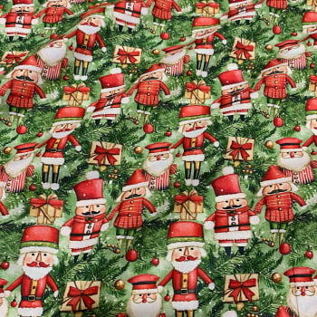 Tecido Tricoline Digital Natal Soldados Quebra-Nozes Fundo Folhas Verde