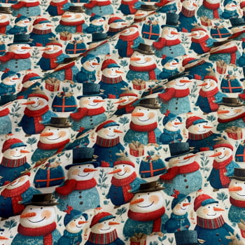 Tecido Tricoline Digital Natal Winter Boneco de Neve Azul e Vermelho Alaranjado Tecido Tricoline Digital Natal Winter Boneco de Neve Azul e Vermelho Alaranjado